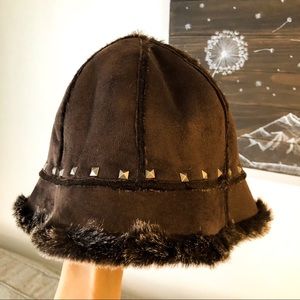Cejon Winter Hat Faux Suede Faux Fur Brown Studs